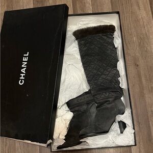 CHANEL Black Quilted Suede Knee Boots with Fur Trim